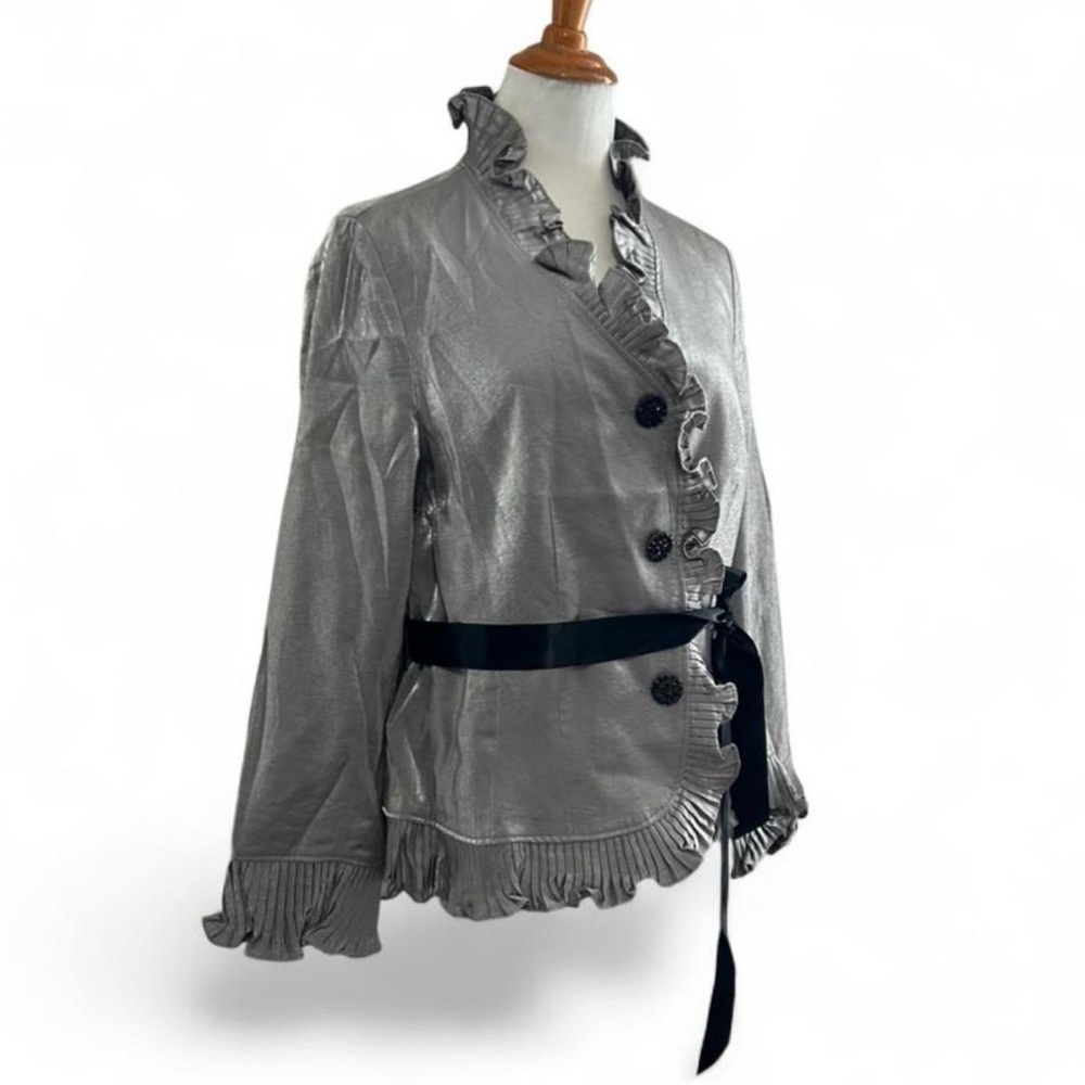 Chic Silver Women's Blazer with Ruffle Trim - Picture 3 of 6